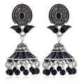 Detailed close-up of Bohemian Jhumka earrings with silver metal and black enamel beads - Black Antique Silver