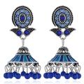 Detail of bohemian Jhumka earrings with blue enamel, crystals, and vintage silver finish - Royal Blue Antique Silver