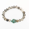 Elastic beaded bracelet with white dragon vein beads and a green turtle charm - Black and White Dragon Vein Stone
