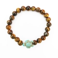 Beaded tiger eye stone elastic bracelet with a turquoise turtle charm on white background - Yellow Tiger Eye