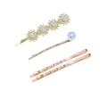 Haarklammer-Set in Gold mit weißen Gänseblümchen und Kunstperlen auf gewellten Nadeln - Gänseblümchen Perle Haarspangen Set (WFJ085)