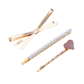 Dreiteiliges goldenes Haarklammer-Set mit Schleife, Perlen und rosa herzförmigem Akzent - Rosa Herz Schleife Haarspangen Set (WFJ086)