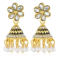 Pendientes vintage indios Jhumka con esmalte negro, diamantes y perlas blancas - Blanco Tono Dorado Antiguo / Blanco