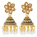 Pendientes Jhumka indios dorados con piedras champán y borlas de perlas blancas - Café Tono Dorado Antiguo / Café