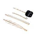 Set de 4 barrettes élégantes avec perles blanches et pinces à cheveux dorées en peluche - Ensemble Tweed Noir (WFJ026-Noir)