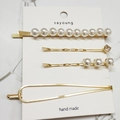 Lot de 4 barrettes à cheveux perles dorées texture marbrée sur carte blanche - Ensemble Barrettes Perle Strass (WFJ002)