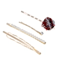 Lot de 4 barrettes élégantes avec perles, tissu tweed et finition en métal doré - Ensemble Tweed Rouge (WFJ026-Rouge)