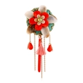 Fashion acrylic floral brooch with colorful layers, golden chains and a pink tassel - Red