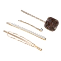 Set de 4 barrettes élégantes avec perles et tweed rétro en finition dorée - Ensemble Tweed Café Clair (WFJ026-Clair)