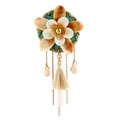 Fashion acrylic floral brooch with marble texture petals and gold fringe tassels - White