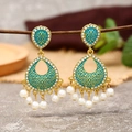 Detail of ethnic drop earrings with turquoise enamel and delicate white pearl charms - Lake Blue
