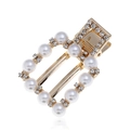 Pince à cheveux évidée dorée avec perles blanches et strass étincelants - Barrette Rectangulaire Évidée Perle (WFJ029)