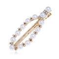 Barrette élégante en métal doré avec perles blanches et strass brillants au design ovale - Barrette Perle Ovale Évidée (WFJ031)