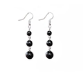 Vintage style long drop earrings with three polished black beads and silver hooks - Black Agate