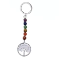 Detailed view of handmade Tree of Life keychain with colorful Chakra beads and white stones - Rose Quartz