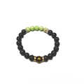 Lava stone bead bracelet with green marble accents and golden mantra charm on white background - 8mm Bead / Green Imperial Stone Style