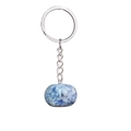 Polished blue and white natural stone keychain with round silver metal ring and chain - Blue Spot Jasper