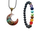 Chakra resin moon pendant necklace and lava stone bracelet set with colorful crystals - Moon Necklace and Bracelet Set (Moon Set 1)
