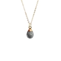 Detailed view of gray teardrop stone pendant with a delicate gold chain necklace - Flash Stone (Labradorite)
