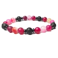 Pulsera elástica de cuentas de ágata natural y piedra de lava negra con espaciadores - Rayas Rosa Fucsia