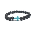 Detail of porous black lava stone beads and blue turquoise cross charm on elastic bracelet - Lava With Blue Cross