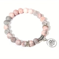 Armband aus rosa Zebra-Jaspis-Perlen mit silbernem Lotus-Anhänger und Marmorstein-Textur - 8mm / Rosa Zebrastein