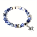 Naturstein-Armband in Blau und Weiß mit vintage silbernem Lotusblüten-Anhänger - 8mm / Blauer Sodalith