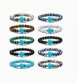 Close-up of ten beaded bracelets with diverse natural stones and turquoise turtle charms - Full Ten Color Collection (SL2256526)