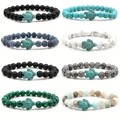 Eight elastic beaded bracelets set with turquoise turtle charms and natural volcanic stones - Multicolor Ore Series (SL2256526)