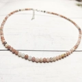 Detailed macro view of 4mm colorful stone beads necklace with silver lobster clasp and chain - Circumference Approx: 38+5cm / Pink Rhodonite