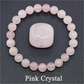 Detailed view of an 8mm pink crystal beaded stretch bracelet with a polished square stone - Treated Pink Quartz