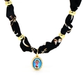 Collier avec pendentif portrait ovale et ruban de soie léopard avec cristaux - Noir - Icône Religieuse (04#)