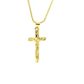 Detailansicht eines vergoldeten Kreuzanhängers mit einer klassischen Box-Kette - Gold Jesus Kruzifix Stil / Gold