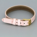 Detailed view of pink crocodile-embossed leather strap with golden buckle and white stitching - Pink Croc Pattern Leather (17#)