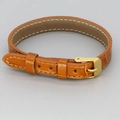 Brown crocodile leather bracelet with golden buckle and white stitching on gray background - Brown Croc Pattern Leather (03#)