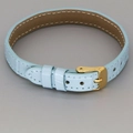 Close-up of light blue leather strap with gold buckle and white contrast stitching detail - Light Blue Leather (14#)