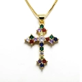 Fashionable gold cross pendant necklace with colorful cubic zirconia and box chain - Multi-color Pave Zirconia Cross