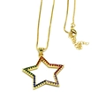 Detail of gold star pendant necklace featuring rainbow gradient cubic zirconia stones - Hollow Five-pointed Star Necklace