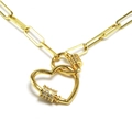 Gold-plated paperclip chain necklace featuring a heart padlock pendant with micro-inlaid stones - Heart Padlock Pendant Style