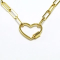 Close-up of gold heart carabiner pendant with hexagonal lock on paperclip chain - Hexagonal Swivel Clasp Style