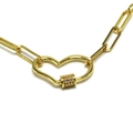 Detail of gold paperclip chain necklace featuring a heart carabiner with micro zircons - Heart Carabiner Rhinestone Style