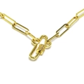 Detailed macro view of a gold paperclip chain necklace with a zircon-set cross clasp - Cross Spring Clasp Style