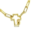 Close-up of gold paperclip chain link featuring a crystal-encrusted cross connector - Cross Cutout Carabiner Style