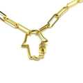 Macro shot of gold paperclip chain necklace with a crystal-studded Hamsa Hand pendant - Hamsa Hand Screw Clasp Style