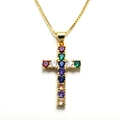 Cross pendant necklace with colorful zircons and golden square box chain design - Multi-colored Zirconia Cross