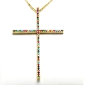 Rainbow gemstone encrusted gold cross pendant necklace with stylish box chain - Slender Rainbow Cross