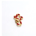 Detailed macro view of a cross-shaped gold screw clasp with red enamel candy cane stripes - Red Cross