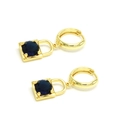 Détail des boucles d'oreilles cadenas dorées avec une pierre précieuse bleu foncé ronde - Serrure (Zirconia Bleu Roi)