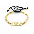 Dettaglio bracciale a sfere dorate con ciondolo I Love U di cristalli e cordino nero - I Love U Piastra Rettangolare con Perle (Stile 60)