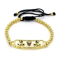 Pulsera de cuentas doradas con circón de corazón y dijes de aves sobre cordón trenzado - Estilo Pájaro (S6)
